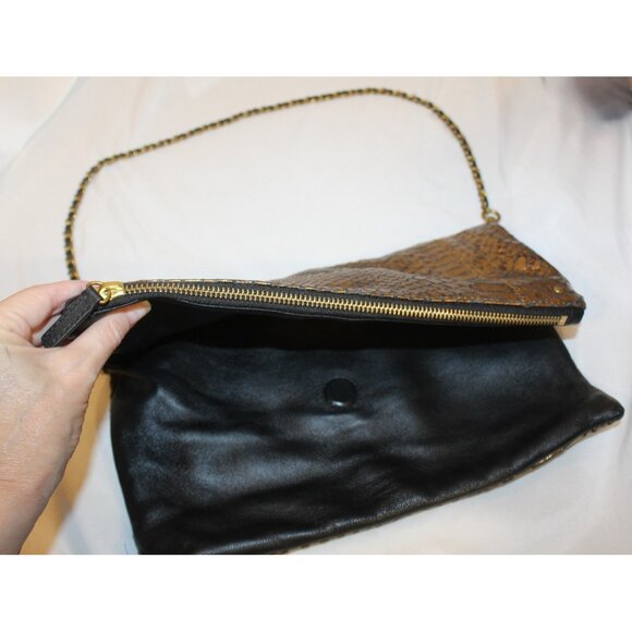 Club Monaco black leather gold faux snake embossed Envelope Clutch Shoulder Bag - Picture 5 of 7